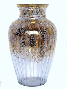 Large Ribbed Gold Flecked Flaked Spattered Hand Painted Italian Art Glass Vase - Picture 1 of 8