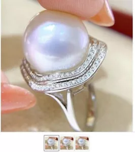 HUGE Round 13-14 mm natural south sea pearl ring 925S can adjust - Picture 1 of 3