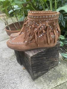 ASH Boots Womens size 6.5 US Brown Suede  Stud Fringe Ankle Bootie Boot Mocs - Picture 1 of 13