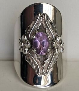 Carol Felley Sterling Silver Amethyst Floral Wide Ring .85ct 8.8g Sz5.75 Vintage