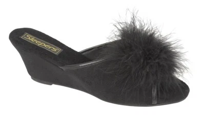 SLEEPERS Ladies Black Fluffy Rosette Boa Mule Slippers