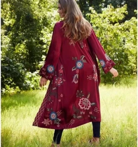 JOHNNY WAS Messine Long KIMONO COAT JACKET Embroidered Floral Pomegranate L NWT - Picture 1 of 10