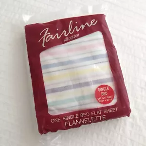 Vintage Flannelette Single Bed Flat Sheet NEW Fairline Cotton Striped Pastel - Picture 1 of 7