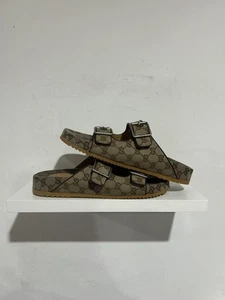 GUCCI SLIDE SANDAL STRAP BIEGE MONOGRAM SIZE 11 PREOWNED - Picture 1 of 7