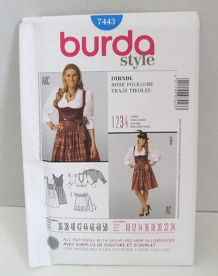 Burda 7443 Dirndl Dress or Costume - 3 Pieces Misses' 10-24 Pattern Uncut - Image 1 of 2