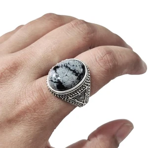NATURAL SNOWFLAKE OBSIDIAN JASPER BIRTH 925 SOLID SILVER ANNIVERSARY GIFT RING - Picture 1 of 9
