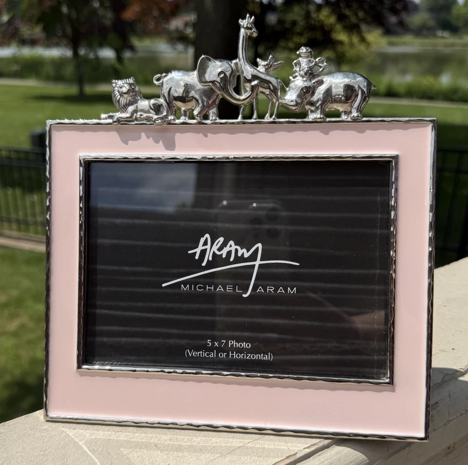 Michael Aram Frame Pink Enamel Metal Elephant Lion Zoo Animals Girl Nursery 5x7” - Image 1 of 4
