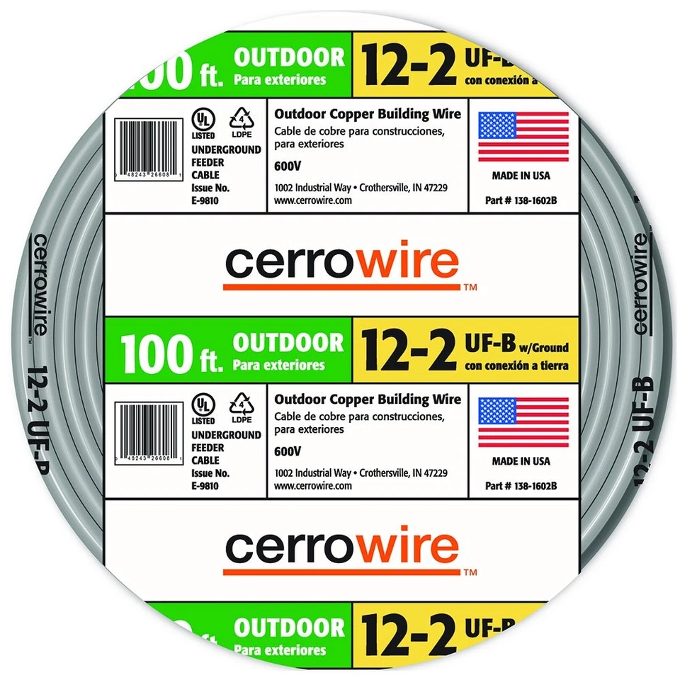 Cerro Wire 138-1602CR-3 Type UF-B 100-Foot 2-Conductor Underground Feeder Cable - Image 1 of 1