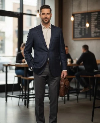 Ralph Lauren Blazer Men 42L Windowpane Silk Wool Cashmere Luxury Navy Sportcoat - Image 1 of 4