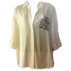 CAMICIA MEDIA NUOVA $40 BARGARI AVORIO LIGHT tessuto HI LO TOP PAILLETTES TASCA - Foto 1 di 4