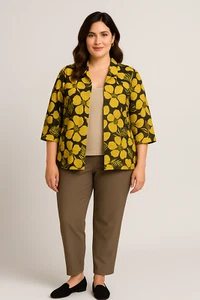 Basic Editions Jacket Womens 2X Linen Brown Yellow Floral Resort Classic Cruise - Picture 1 of 12