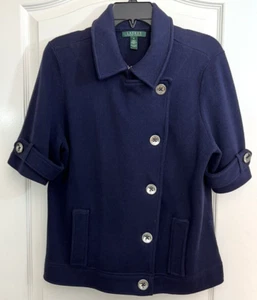 Ralph Lauren Navy Short Sleeve Sweater Jacket Size XL Logo Buttons-Great Details - Picture 1 of 6