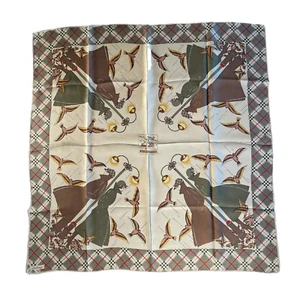 Vintage Burberrys Silk Scarf – Trench Coat Figures & Plaid Border - Picture 1 of 16
