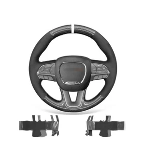 Black PU Carbon Fiber Suede Car Steering Wheel Cover Wrap For Dodge Challenge - Picture 1 of 12