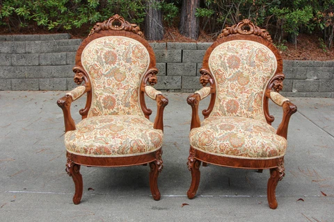 Superb Ornate Pair of Walnut Victorian Rococo Arm Chairs ~ Ca.1860 Cover