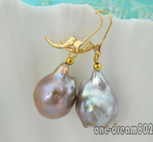 S1792 20 mm Barock Lavendel Reborn Keshi Perle Ohrhänger 14k - Bild 1 von 2