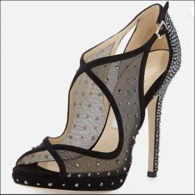 Jimmy Choo Leondra Pump Sandalia Zapato Tacón Swarovski Cristal Tachonado Negro 35.5 Foto 1 de 4