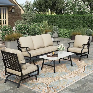 4 Piece Patio Furniture Set Outdoor Conversation Set for Lawn Backyard w/Cushion - Picture 1 of 11