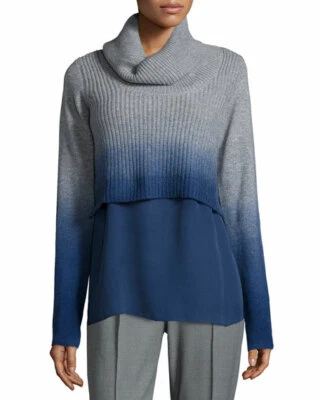 Elie Tahari Raleigh 羊绒混纺毛衣 Ombre 蓝色灰色羊毛丝绸女式小号 — 第 1/4 张图片