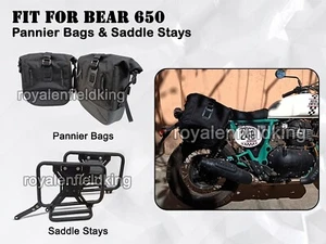 For Royal Enfield Bear 650 Black Leather & Canvas Pannier Bags & Saddle Stays - Picture 1 of 13