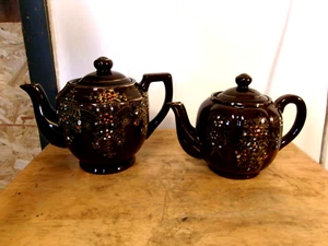 ceramic tea kettle brown with painted flowers & gold accent from japan 2 each - Bild 1 von 8