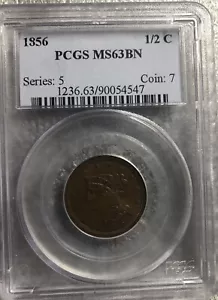 1856 Half Cents Braided Hair PCGS MS-63 BN ROTATED DIE REVERSE BEAUTIFUL - Picture 1 of 6