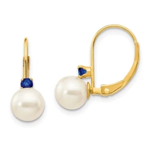 14k Gold 6-6.5mm White Freshwater Cultured Pearl Sapphire Leverback Earrings - Picture 1 of 4