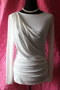 HALOGEN Ivory Liquid Knit Elegantly Ruched Long Sleeve Top XS Stretch Blouse - Picture 1 of 5