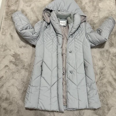 Vtg Saxton Hall Women's Quilted Puffer Coat Medium Gray Hooded Jacket Made Korea - Image 1 of 4