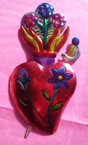 Heart & Dagger Flowers Love Mexican Handmade Painted Tin Milagro Art 5"x2.5" - Picture 1 of 1