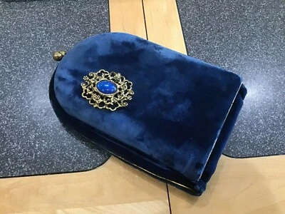 Vintage Antique Edwardian Royal Blue Velvet Kiss Lock Clutch Mirror Attached Bag - Image 1 of 4
