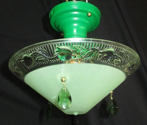 VTG 3 CHAIN FLOWER GREEN GLASS SHADE CEILING LIGHT CHANDELIER FIXTURE CRYSTALS Cover