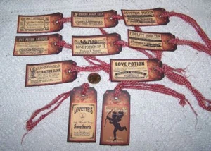 10~Valentine's Day~Primitive~Love Potion~FussyCut~Linen Cardstock~Gift~Hang~Tags - Picture 1 of 1