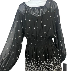 Tommy Hilfiger Sheer Long Puff Sleeve Dress 10 Black Floral Lined - Picture 1 of 11