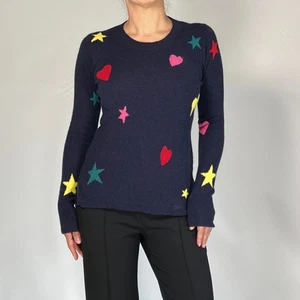 Maglione donna J.Crew XS blu navy multicolore cuore stella cashmere girocollo - Foto 1 di 7