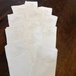 Hand Embroidered Napkins 14" Sq Cotton Linen Madeira Rose Bud LOT 12 Vintage - Picture 1 of 5