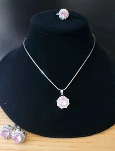750 Plated Silver Tone Main Stone Pink Set Of 3 Necklace Ring Clip On Earrings - Picture 1 of 14