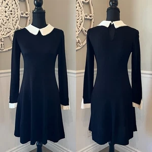 CeCe Black Sweater Dress White Peter Pan Collar Pearls Wednesday Goth Medium - Picture 1 of 11