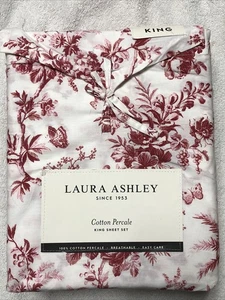 Laura Ashley King Sheet Set Garden Floral Red 4Pc Cotton Cottage Farmhouse NEW - Picture 1 of 7