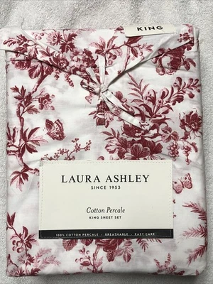 Laura Ashley King Sheet Set Garden Floral Red 4Pc Cotton Cottage Farmhouse NEW - Image 1 of 4
