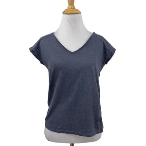 Maje T Shirt Womens 1 Small Blue Gray V Neck Linen Cap Sleeve Slub Cropped Tee - Picture 1 of 10
