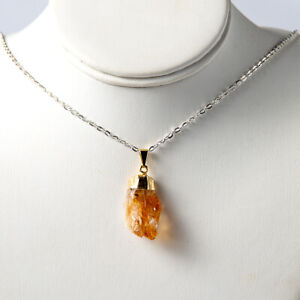Fashion Gold Yellow Rough Citrine Natural Crystal Point Necklace Pendant & Chain
