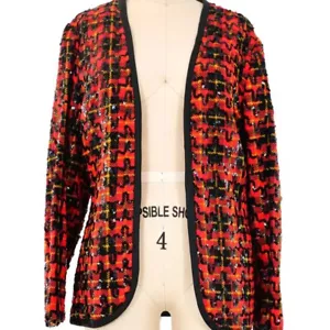 1960s Sequin Embellished Plaid Cardigan Blazer M - Picture 1 of 8
