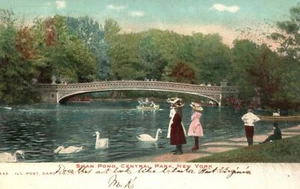 Cartolina d'epoca Swan Pond and Bridge parco ricreativo Central Park New York NY - Foto 1 di 2