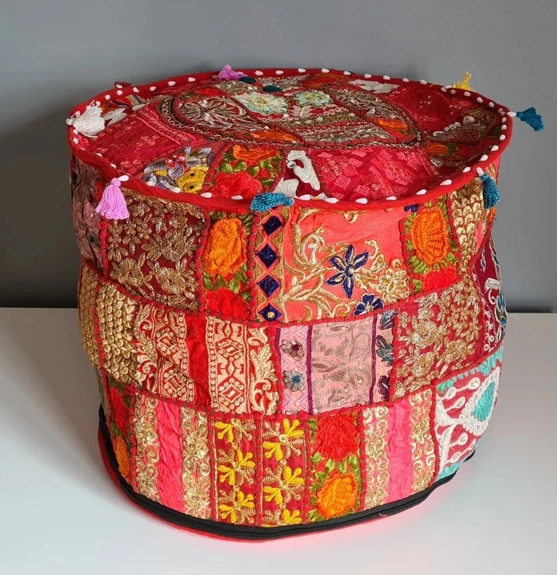 INDIAN PATCHWORK HANDMADE COTTON POUFS COVER VINTAGE OTTOMAN ROUND POUF ETHNIC - Image 1 of 1