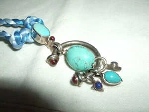 COLLANA COLLIER LAPISLAZZULO TURCHESE GRANATO CIONDOLO ARGENTO 925 CM 48 STERLIN - Foto 1 di 7