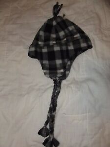 Girls Print Fleece Trapper Hat~Black/White~Plaid~One Size~NEW