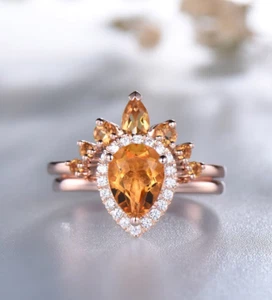 Vintage Natural Pear Cut Citrine Rose Gold Plated Silver Bridal Wedding Ring Set - Picture 1 of 10