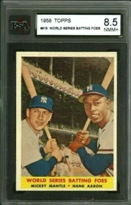 1958 TOPPS #418 WORLD SERIES BATTING FOES KSA 8.5 MICKEY MANTLE HANK AARON SHARP - Picture 1 of 2