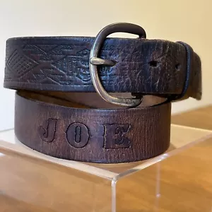 VTG Tooled Leather “JOE” Belt Sz 38 Brown Western Aztec Cowboy Cowgirl Unisex - Picture 1 of 13